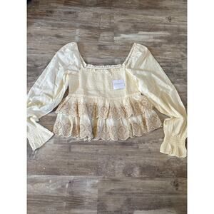 NWT American Eagle Cream Embroidered Peplum Blouse | Cottagecore Boho Top